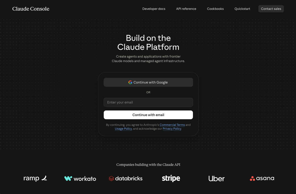 The Claude Console sign-in page, with Continue with Google, an email field and a Continue with email button.