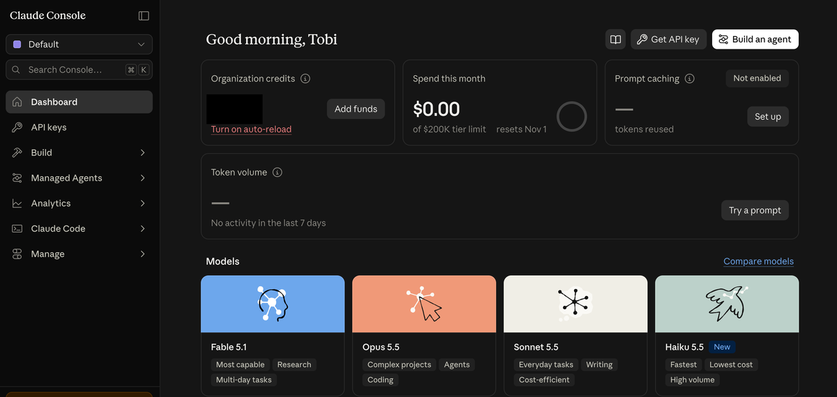 The Claude Console Dashboard, with the Get API key button at the top right and the credit balance covered.