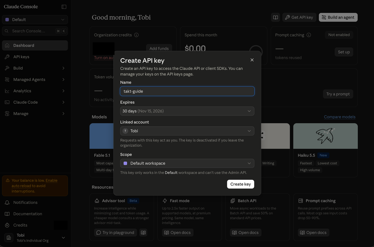 The Create API key window, with Name, Expires, Linked account and Scope, and a Create key button.