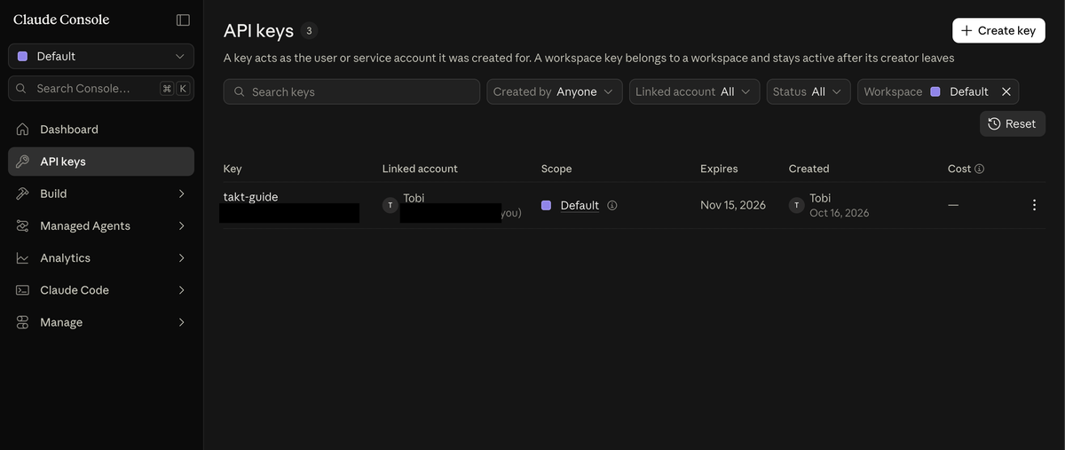 The API keys page with the new key listed, the key and email address covered, and a Create key button.