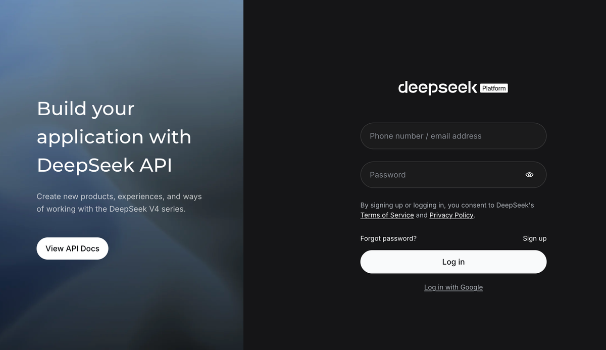 The DeepSeek Platform sign-in page, with fields for a phone number or email address and a password, a Log in button, Sign up, and Log in with Google.