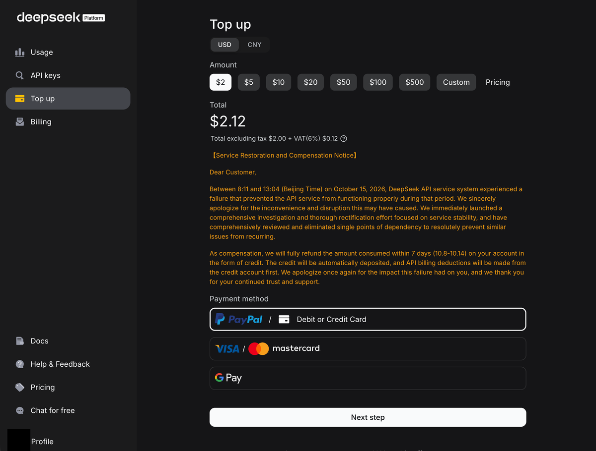 The DeepSeek Top up page, with amounts to choose from, the total, the payment methods, and a Next step button.