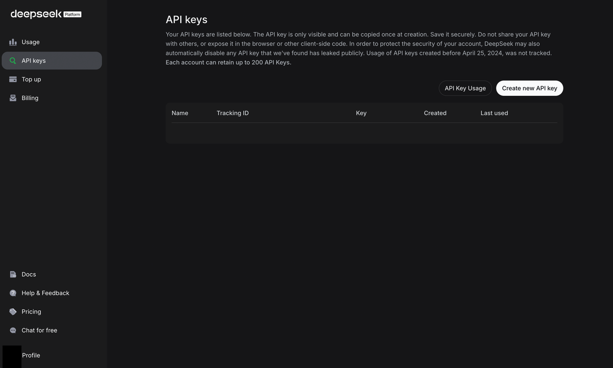 The DeepSeek API keys page, with the Create new API key button at the top right.