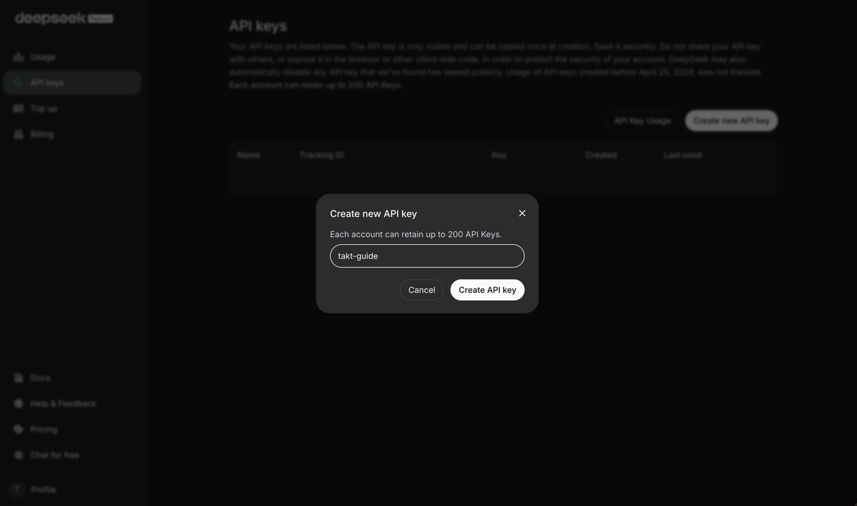 The Create new API key window, with a name typed in and a Create API key button.