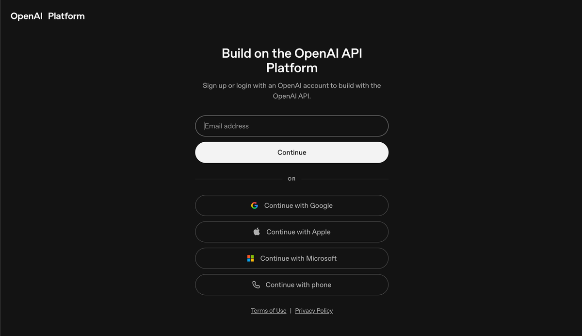The OpenAI Platform sign-in page, with an email field, a Continue button, and buttons to continue with Google, Apple, Microsoft or a phone.