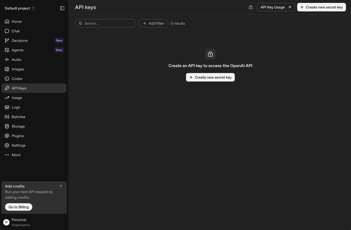 The OpenAI API keys page, with no keys yet and a Create new secret key button.