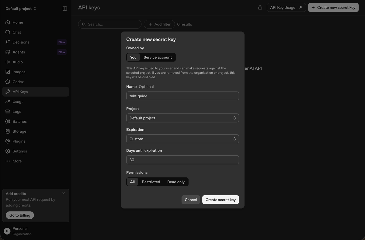 The Create new secret key window, with Owned by, Name, Project, Expiration and Permissions, and a Create secret key button.