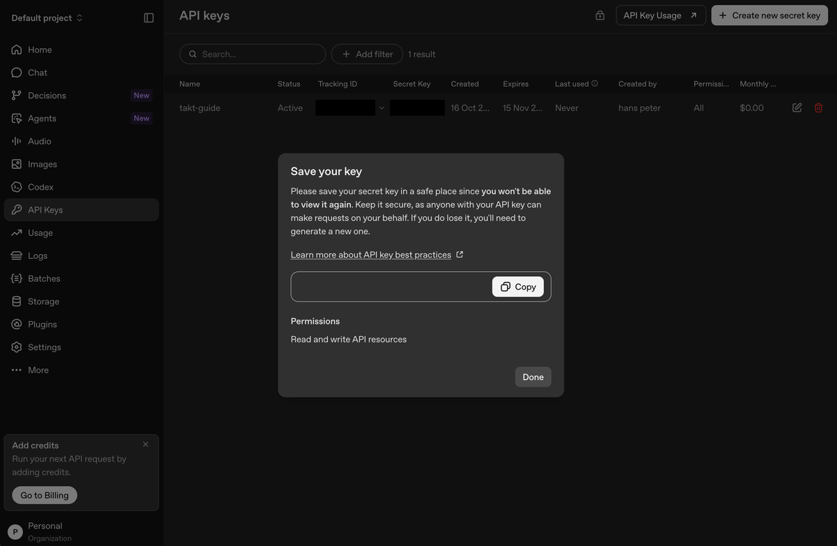 The Save your key window, with the key hidden, a Copy button and a Done button, and a notice that the key cannot be viewed again.
