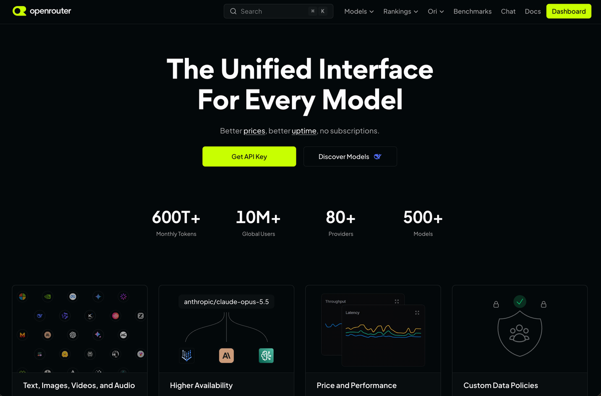 The OpenRouter home page, with a Get API Key button.