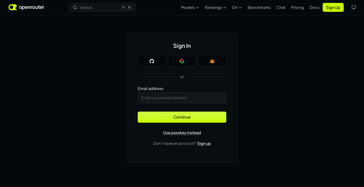 The OpenRouter Sign In page, with buttons for GitHub, Google and MetaMask, an email field and a Continue button.