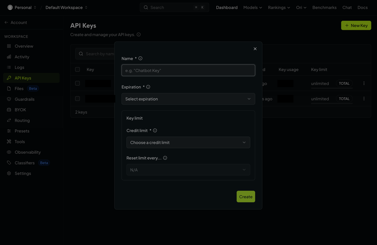 The new key form, with Name, Expiration and Credit limit fields and a Create button.